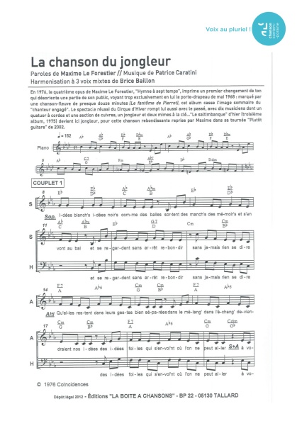 Chanson du jongleur (la) — 3 voix mixtes
