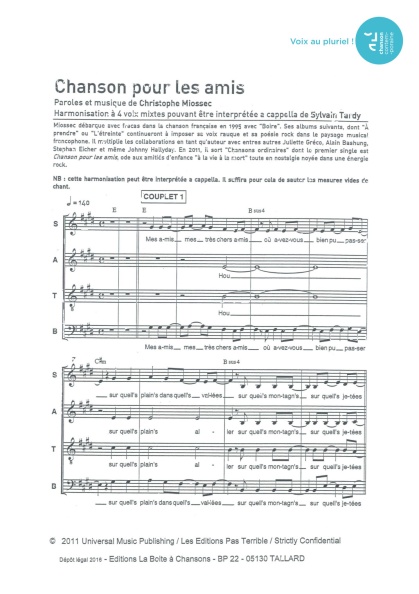 Chanson pour les amis — 4 voix mixtes