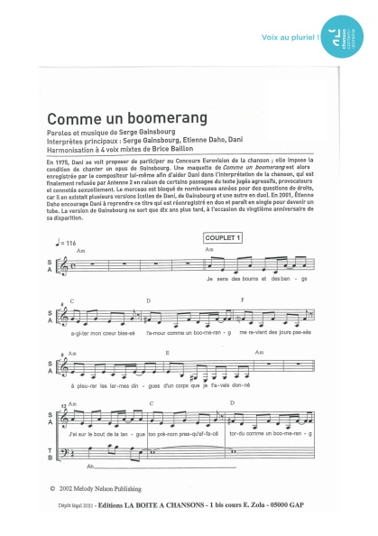 Comme un boomerang — 4 voix mixtes