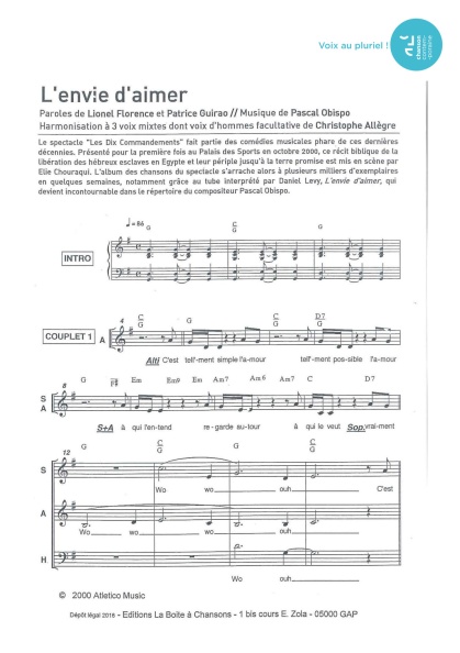 L'envie d'aimer — 3 voix mixtes (voix d’homme facultative)