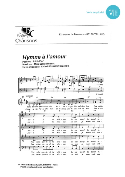 Hymne à l'amour — 4 voix mixtes