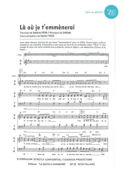 Là où je t'emmènerai — 4 voix mixtes