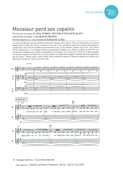 Monsieur perd ses copains — 4 voix mixtes