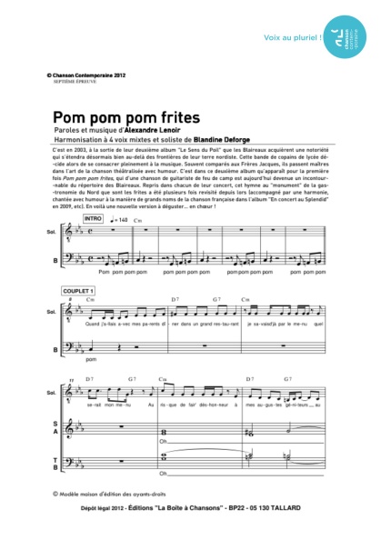 Pom pom pom frites — 4 voix mixtes + soliste