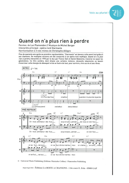 Quand on n'a plus rien à perdre — 3 voix mixtes
