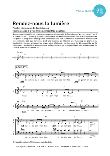 Rendez-nous la lumière — 4 voix mixtes