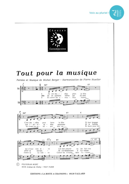 Tout pour la musique — 4 voix mixtes
