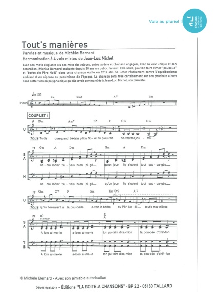 Tout's manières — 4 voix mixtes