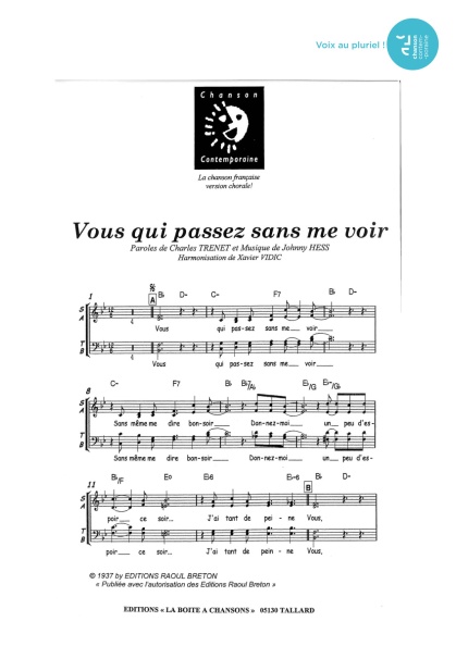 Vous qui passez sans me voir — 4 voix mixtes
